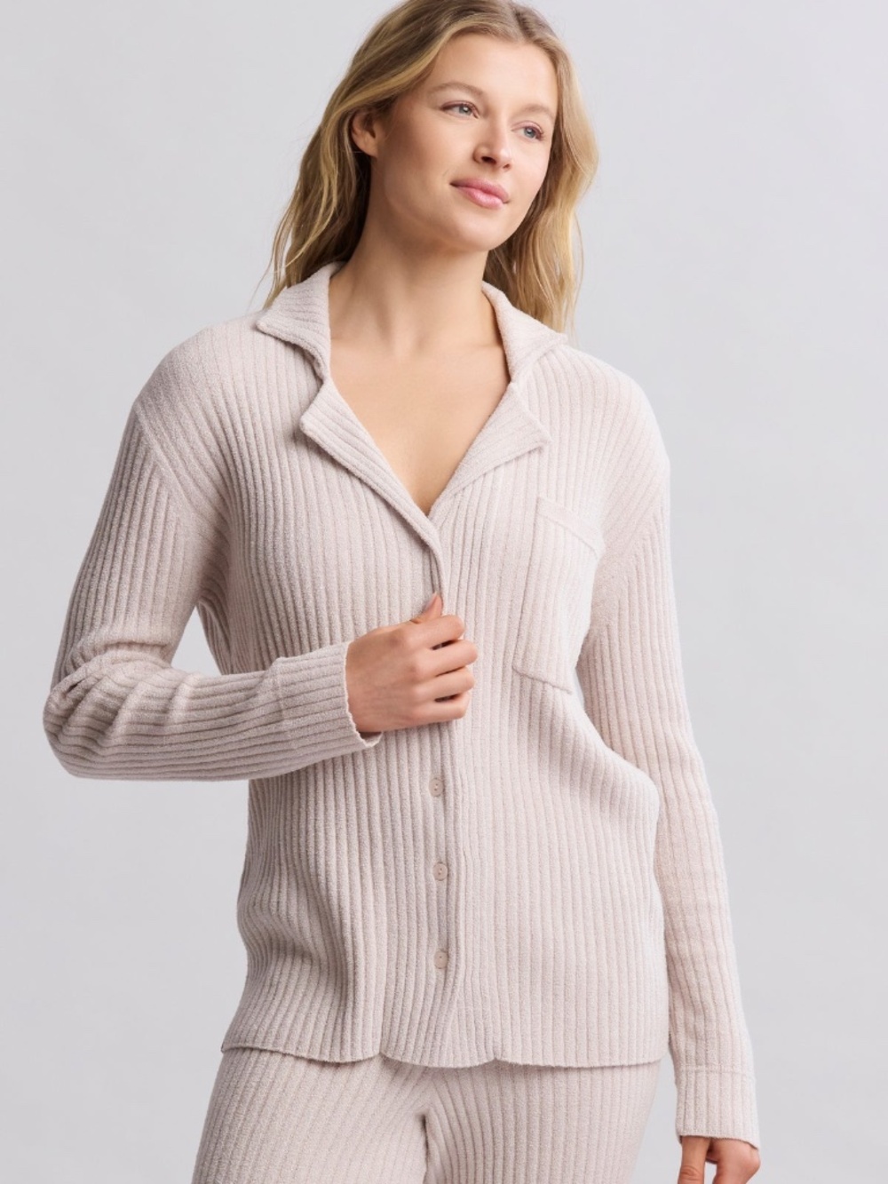 Barefoot Dreams Cozy Chic Lurex Ribbed Button Front Shirt in Chai - SZ L NWT